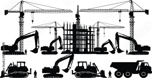 Large construction site silhouette with tower cranes, excavators, bulldozers, and dump truck, urban building development and heavy machinery scene