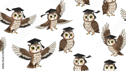 Cute Owl Characters Wearing Graduation Caps in Different Poses Cartoon Education Flat Vector Illustration Set