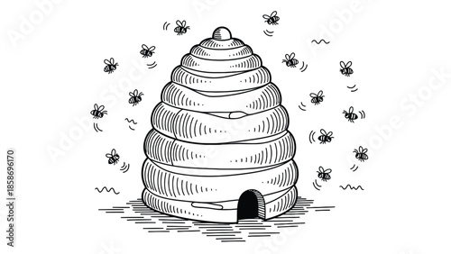 A detailed black-and-white illustration of a beehive surrounded by buzzing bees, symbolizing honey, nature, and teamwork. Ideal for educational, farming, or natural science themes.