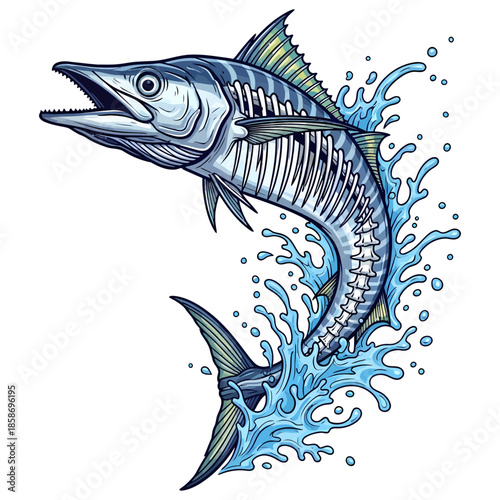 Wahoo fish skeleton jumping out of water blue splash illustration