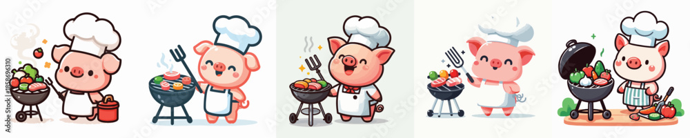 Naklejka premium cute pig vector is grilling meat