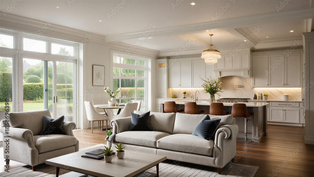 Fototapeta premium Modern living room and kitchen interior with comfortable furniture and large windows