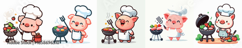 cute pig vector is grilling meat