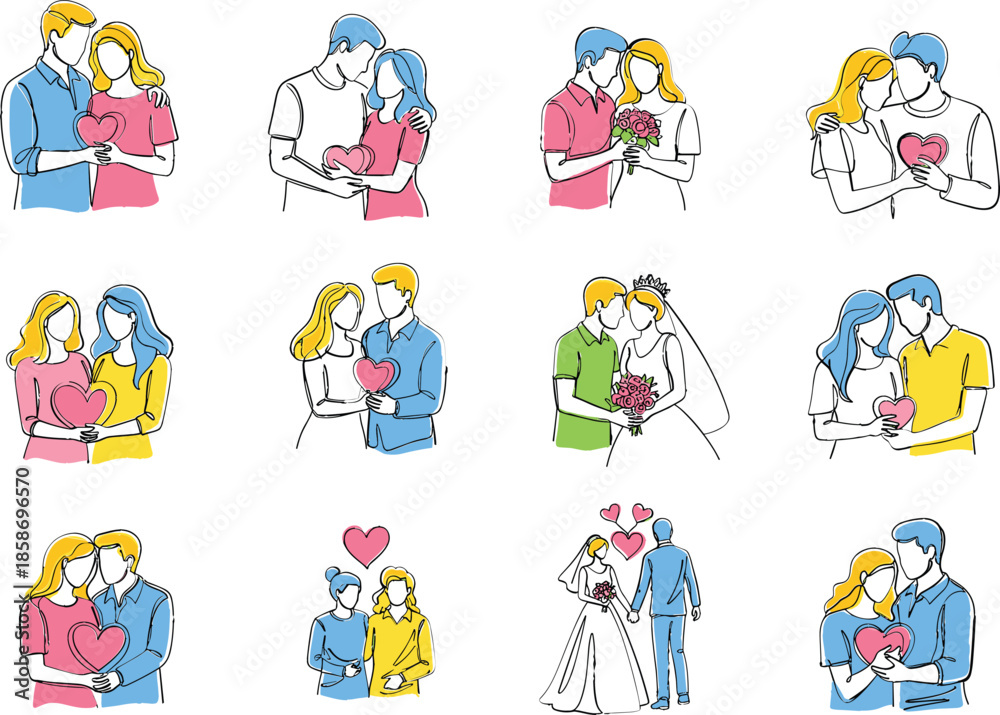 Fototapeta premium Hand-Drawn Line Art Vector Icon Set of Couples in Various Stages of Love and Relationships, Including Dating, Hugging, Proposing, and Wedding Scenes.