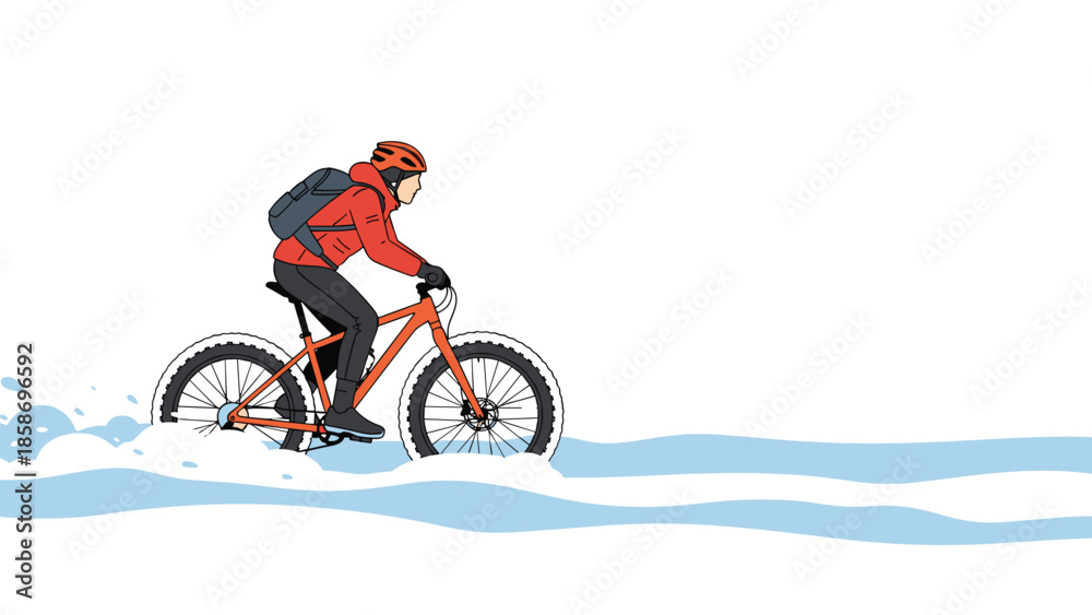 Obraz premium Determined person in winter cycling gear skillfully rides a fat bike through deep snow, creating exhilarating splashes in a winter adventure.
