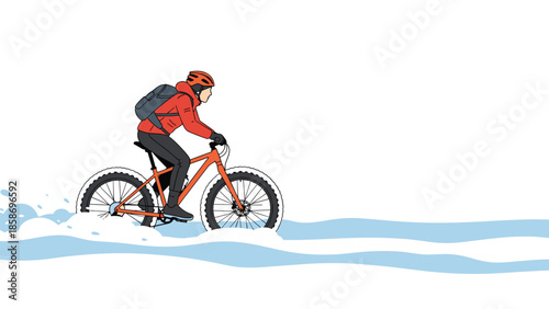 Determined person in winter cycling gear skillfully rides a fat bike through deep snow, creating exhilarating splashes in a winter adventure.