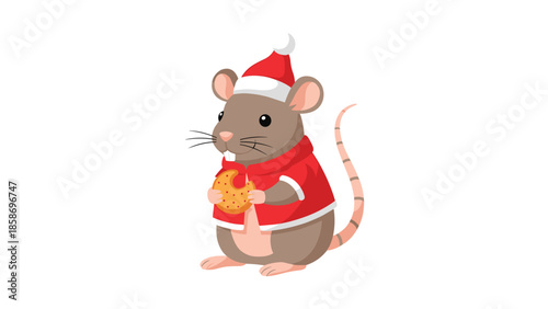 Charming cartoon rat, dressed in a festive Santa hat and a cozy red sweater, happily holds a cookie, embodying Christmas cheer.