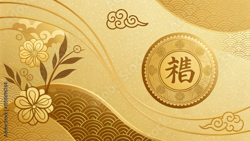 Gold wave cloud floral pattern abstract circle asian festive background Golden gold wave cloud floral pattern abstract circle asian festive background with decorative flower branch and traditional