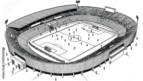 Illustration Of A Large Outdoor Stadium With Soccer Field And Packed Spectator Stands