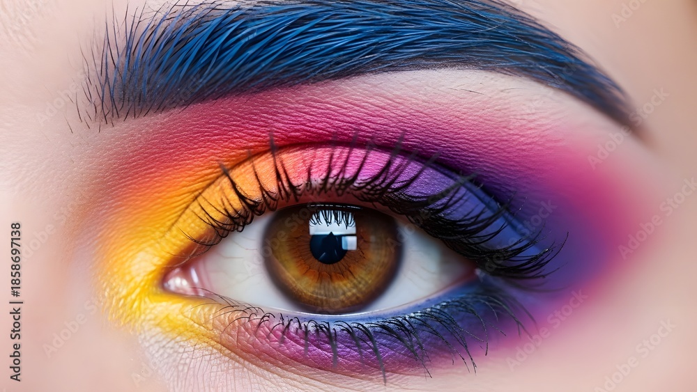 Fototapeta premium Vibrant multicolor eye makeup look with bold eyebrow