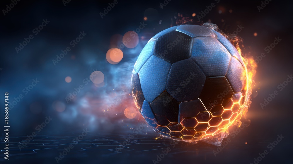 Fototapeta premium Dynamic soccer ball engulfed in bright orange fire and blue smoke. Dramatic sports concept background