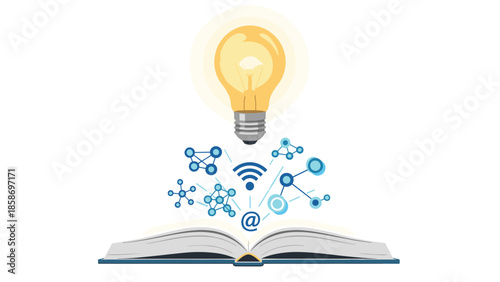 Enlightening open book radiates a glowing lightbulb, surrounded by connected network symbols, representing innovative knowledge and digital learning.