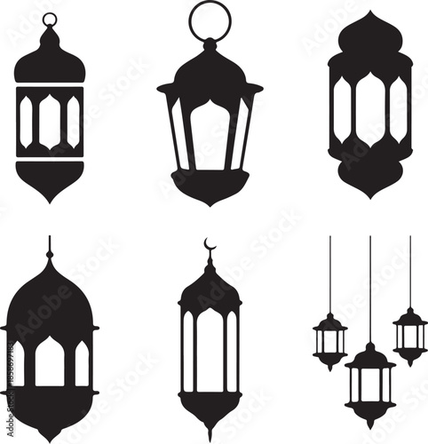 Collection of six black silhouette icons featuring various styles of traditional ramadan lanterns or fanoos lighting fixtures
