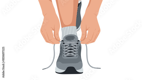 Close-up view of hands meticulously tying shoelaces on a gray running shoe, symbolizing readiness for exercise and active living.