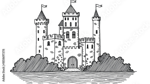 A classic medieval castle rises above calm water, surrounded by lush bushes and trees. Stone walls, an arched gate, and flag-topped towers evoke fantasy, history, and timeless protection.