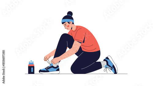 Focused woman ties her shoelaces on a running shoe, with a water bottle nearby, symbolizing readiness for exercise and an active lifestyle.