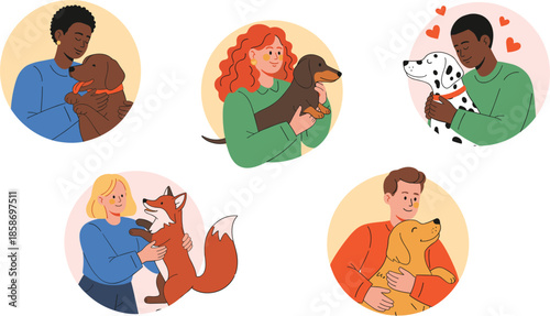People Hugging and Caring for Dogs Illustration Set Showing Pet Love Friendship and Adoption Flat Vector Design