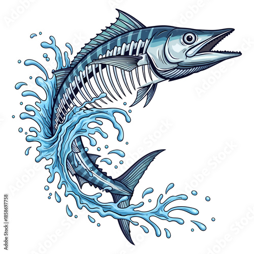 Wahoo fish skeleton jumping out of water blue splash illustration