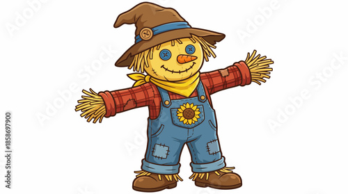 Friendly cartoon scarecrow wearing patched denim overalls, straw accents and wide hat, concept for harvest celebration, educational resources and autumn festivals