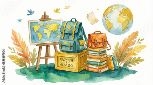 Watercolor illustration of travel objects including a map on easel, backpack, stacked books and globe, concept for education, discovery and global exploration