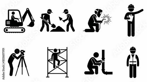 Black silhouette icons depicting essential construction occupations including operator, welder, surveyor and engineer, concept for human resources materials, corporate identity and industry websites