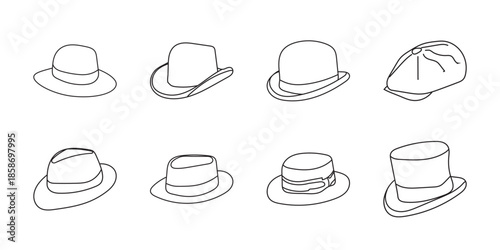 Hat icon set. Vector hat illustrations in various styles. Great for fashion icons, branding, and accessory designs.