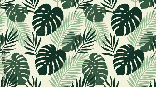 Detailed seamless jungle pattern featuring dark green Monstera leaves and pale green palm fronds graphic, concept for textile design, wallpaper printing and summer decoration