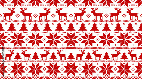 Seamless red and white Nordic pattern featuring pixel reindeer, Christmas trees and snowflakes, concept for winter textile design, holiday gift wrapping and seasonal web illustration