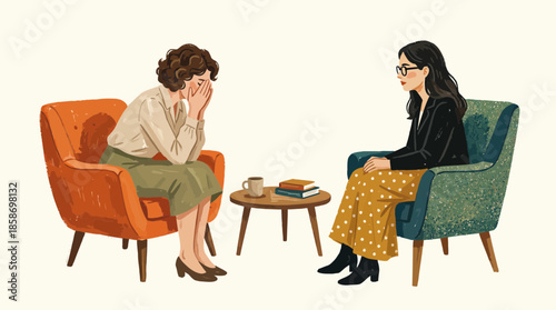 Illustration of a distressed female client consulting with a psychologist in vintage armchairs, concept for mental health awareness, psychological consultations and emotional support services