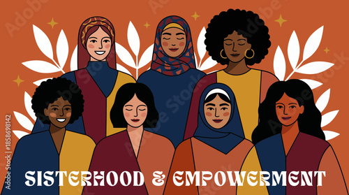 Graphic illustration of diverse women of color celebrating sisterhood and empowerment, concept for diversity initiatives, International Women's Day and social advertising