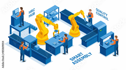 Isometric smart factory automation diagram showing robotic arms, assembly lines and collaborative workers, concept for industrial technology, manufacturing planning and automation development