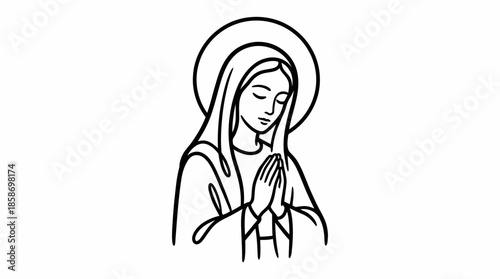 Minimalist continuous line drawing of the Virgin Mary figure praying with a halo on a clean white background, concept for spiritual branding, church design and religious merchandise