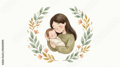 Gentle watercolor illustration of a mother embracing her newborn baby inside a delicate botanical wreath, concept for maternity care, baby shower cards and family announcements