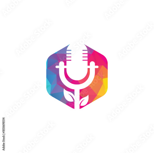 Podcast leaf vector logo design. Podcast talk show logo with mic and leaves.
