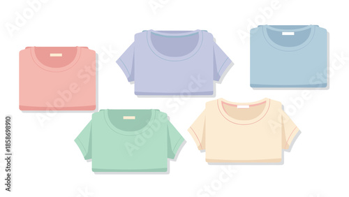 Neatly folded collection of five pastel-colored t-shirts, showcasing simple and comfortable design for everyday wear.