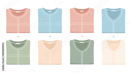 Organized collection of eight neatly folded t-shirts or lightweight sweaters in muted pastel colors, offering versatile style.