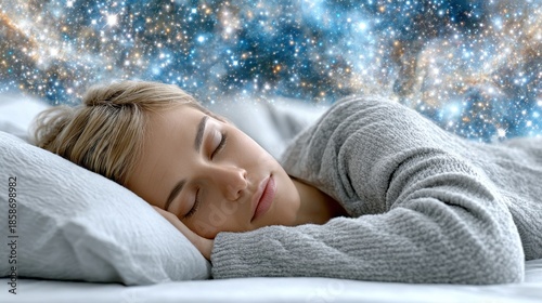 surreal dreamscape, a person sleeping comfortably while floating in deep dark space surrounded by stars, peaceful, concept of deep REM sleep
