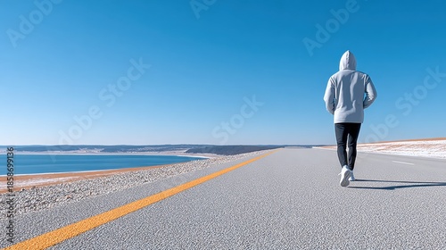 wide angle landscape, silhouette of a runner on the far left horizon, vast empty road and sky on the right, sense of scale, freedom, extreme negative space