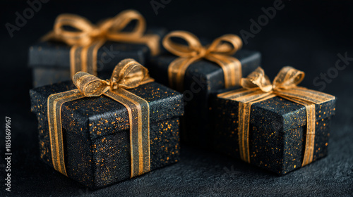 Four elegantly wrapped black gifts with gold ribbons and bows are arranged on a dark background for a luxurious and sophisticated presentation