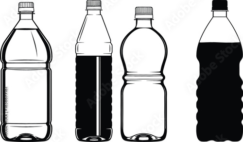 Black and White Outline Vector Set of Clear Plastic Drink Bottles with Screw Caps, Including Empty and Filled Containers, Ideal for Beverage Packaging and Recycling Themes.