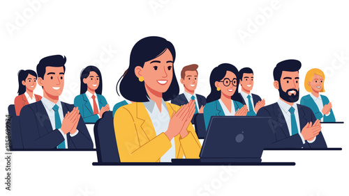 Engaged business audience, including many smiling women, enthusiastically claps at a conference, celebrating a successful presentation.