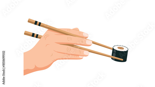 Expert hand delicately holds a perfectly crafted sushi roll with traditional chopsticks, highlighting authentic Japanese culinary art.