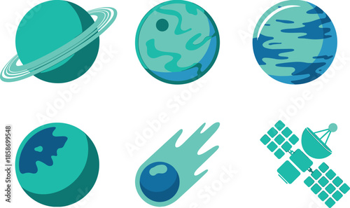 Flat space icons set featuring planets comet and satellite in modern minimal style astronomy science illustration design