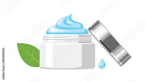 Open jar of refreshing blue face cream with a metallic lid, accompanied by a green leaf and water droplet, emphasizing natural ingredients.