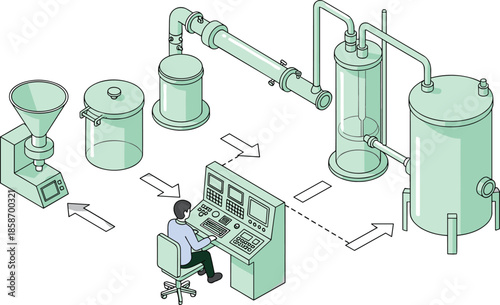 Isometric industrial production process illustration showing factory equipment pipelines tanks and operator control panel workflow vector diagram