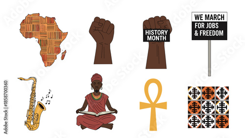 A vibrant collection of African cultural symbols and icons on a white background