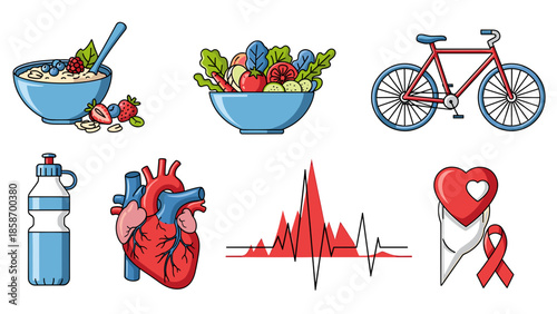 A colorful illustration of healthy lifestyle choices including food and exercise for heart health
