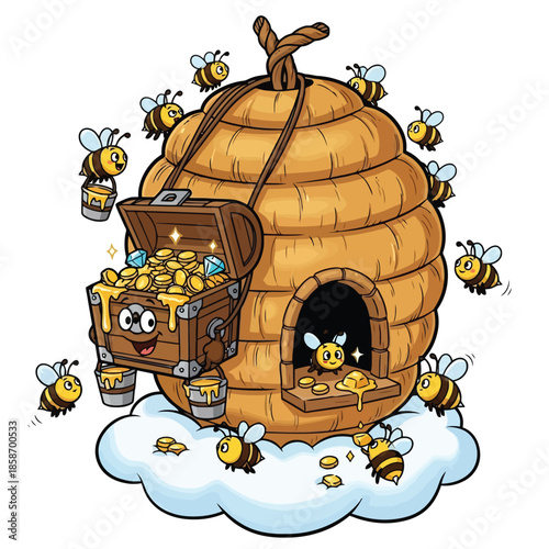 Beehive Treasure: A charming illustration depicts a bustling beehive overflowing with treasures, surrounded by cheerful bees, a delightful representation of nature's bounty and industriousness.