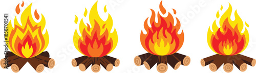 Set of Colorful Campfire Vector Icons with Wood Logs and Bright, Flaring Flames, Ideal for Camping, Outdoor Adventure, and Cozy Warmth Themes.