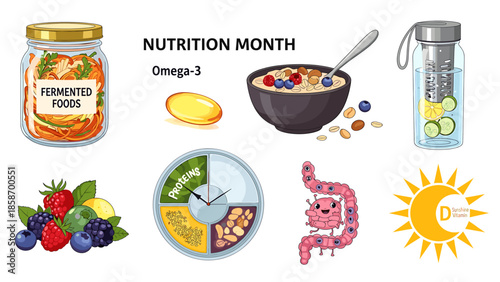 A colorful illustration of healthy foods for Nutrition Month celebration